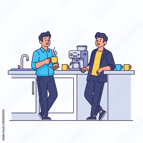 Two happy colleagues enjoy a relaxed conversation near the corporate kitchenette during a break, depicted in a vibrant 2D flat graphic illustration style with clean outlines