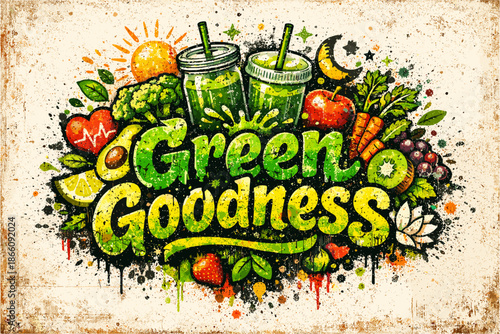 Burst of freshness: vibrant fruits and vegetables with green smoothie splash