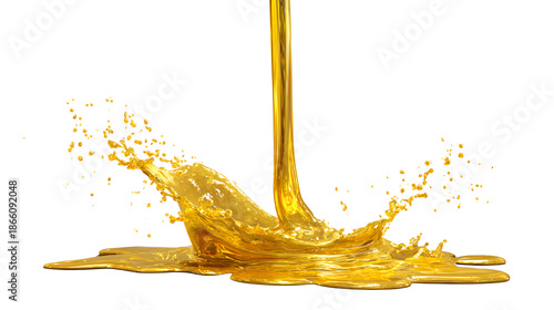 A vertical stream of pouring molten gold hitting the surface with a splash, isolated on white background with liquid and metal and fluid and dynamic