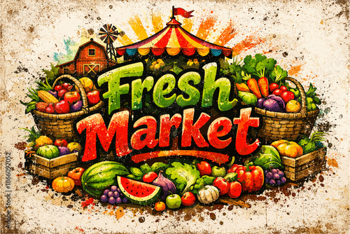 Vibrant fresh market with abundant vegetables and rustic charm