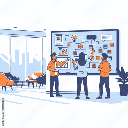 Three young colleagues brainstorm ideas on a massive digital whiteboard in a sunlit, modern conference room, illustrated in a flat 2D graphic style with vibrant colors