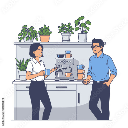 Two cheerful coworkers enjoy an informal coffee conversation in a modern office kitchenette area, illustrated in a vibrant 2D flat graphic style with clean outlines