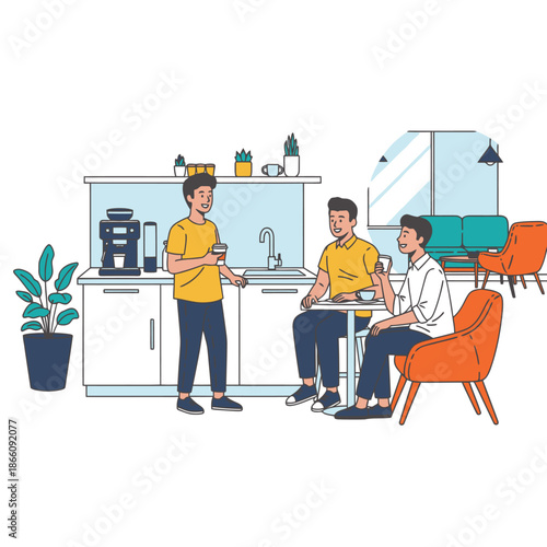 Three happy employees engaging in a relaxed casual conversation during a coffee break in a modern office kitchenette, presented as a flat 2D graphic illustration