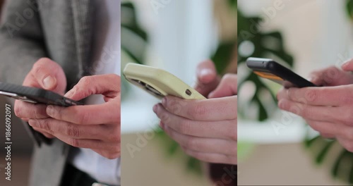 Multiscreen on people using smartphone in everyday life. People using the mobile phone. No-mobile-phone phobia. Multiscreen footage. Split screen variation.