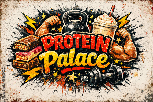 Protein palace: vintage fitness design with weights, shakes, and energy bars
