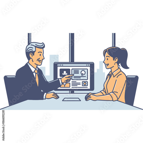 Professional mentoring and supportive training session between a senior male employee and a junior female colleague using a tablet, illustrated in a vibrant 2D flat graphic style