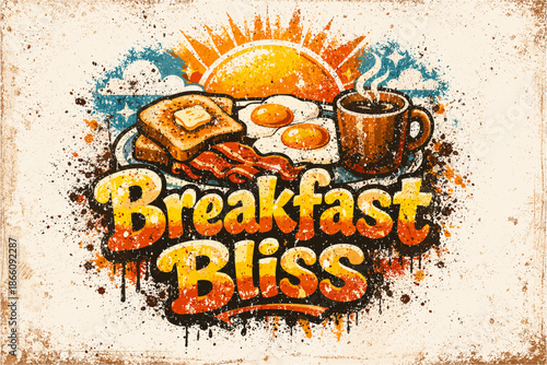 Retro breakfast delight with eggs, bacon, toast, and coffee in vintage grunge style