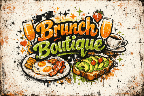 Vintage brunch boutique design with avocado toast and eggs in grunge style