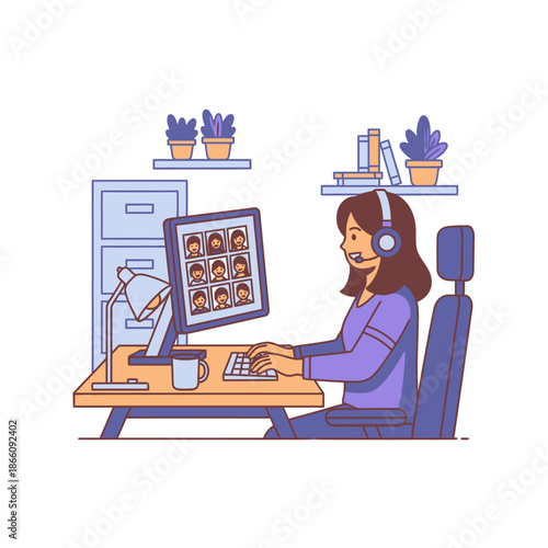 Happy young female employee in a 2D flat graphic illustration participating in a motion conference call while sitting at her ergonomic desk in a minimalist modern office