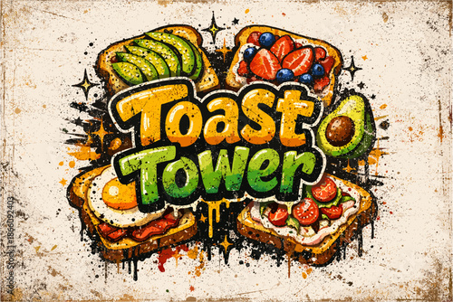 Colorful artistic breakfast toast with avocado, strawberry, tomato, and egg toppings