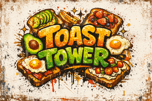 Creative toast art with avocado, eggs, and berries in a grunge style