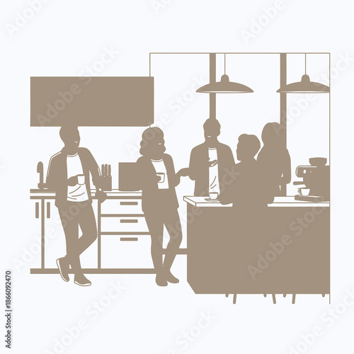 Happy young colleagues are enjoying a relaxed coffee break and lively communication in a bright contemporary office kitchenette, rendered in a vibrant 2D flat graphic illustration style