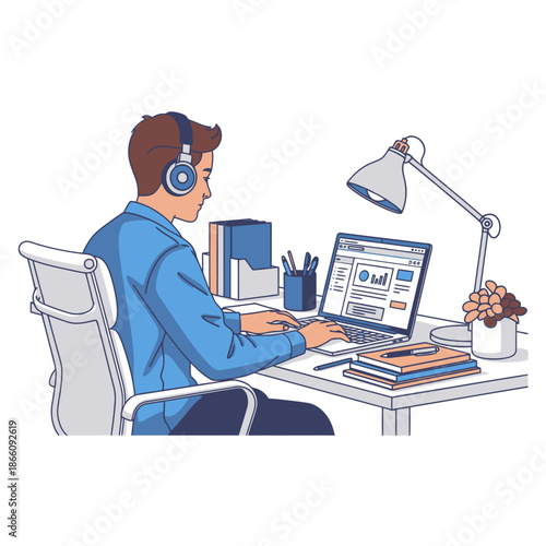 Focused young professional working on a laptop at an ergonomic desk with biophilic plants, rendered as a vibrant 2D flat graphic illustration on a clean white background