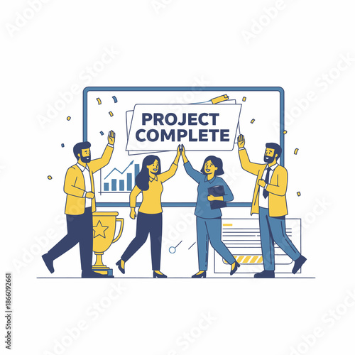 Flat graphic illustration shows four colleagues high fiving, celebrating a major Project Complete milestone next to a whiteboard, symbolizing team success and achievement