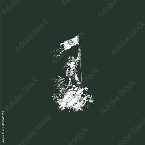 Vintage engraving of a powerful barbarian warrior standing on a mountain of skulls holding a flag.