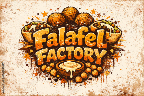 Falafel factory typography with grunge effect and delicious food elements