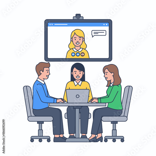 Flat 2D illustration of three office employees collaborating around a table during a conference call with a remote colleague on a screen, emphasizing modern hybrid work communication and connectivity