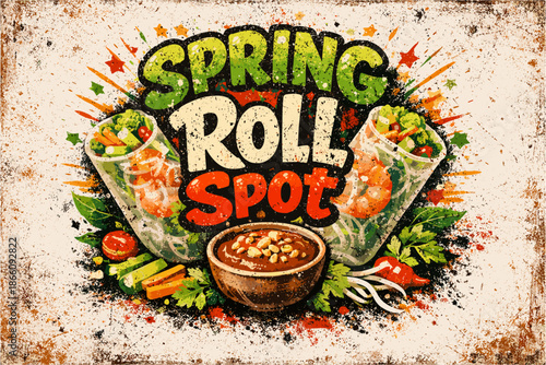 Vintage spring roll spot with rustic texture and fresh ingredients