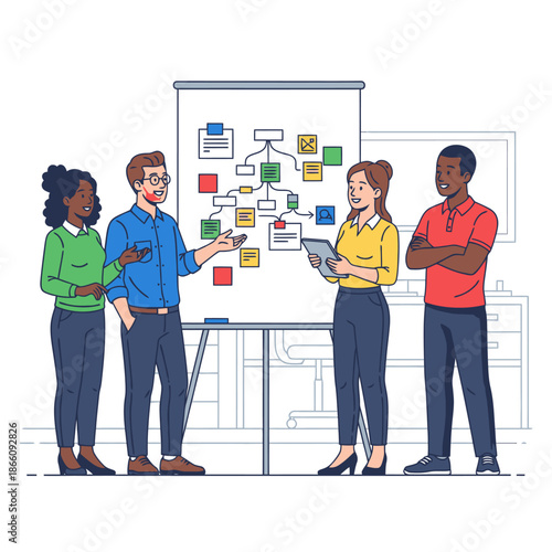 Flat 2D graphic illustration showing four diverse business colleagues collaborating during a lively agile stand up meeting at a whiteboard with flowcharts and sticky notes in a modern ergonomic office