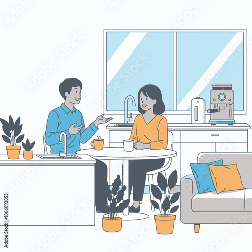 Flat 2D graphic illustration of two young professional colleagues laughing and sharing ideas while enjoying a coffee break in a bright, minimalist office kitchen setting with vibrant colors