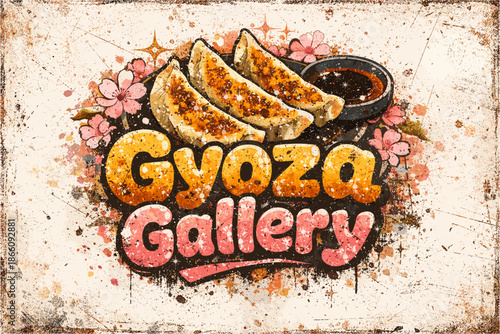 Artistic presentation of gyoza with floral background and rustic texture