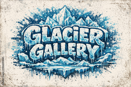 Icy mountain landscape art with glacier text design