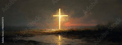 Radiant golden cross emanates divine light, casting a serene glow over a tranquil evening landscape with reflections shimmering on calm water, symbolizing hope and spiritual peace