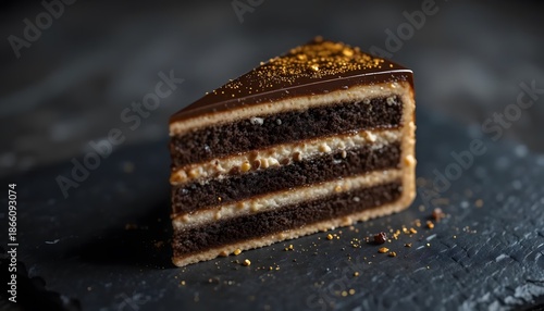 Delicious chocolate cake slice with ganache frosting dessert food photography