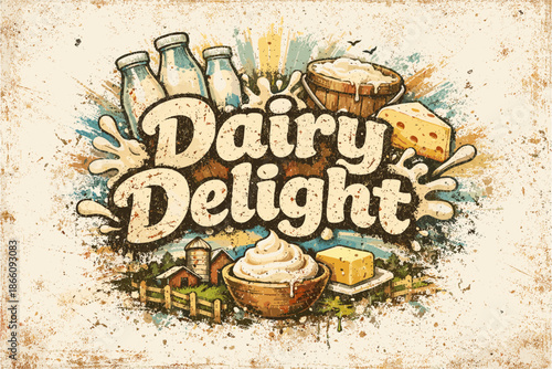 Rustic dairy delight with milk bottles, cheese, and cream elements in vintage style