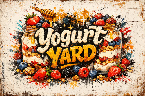 Vibrant fruit and granola yogurt jars with artistic splatter design