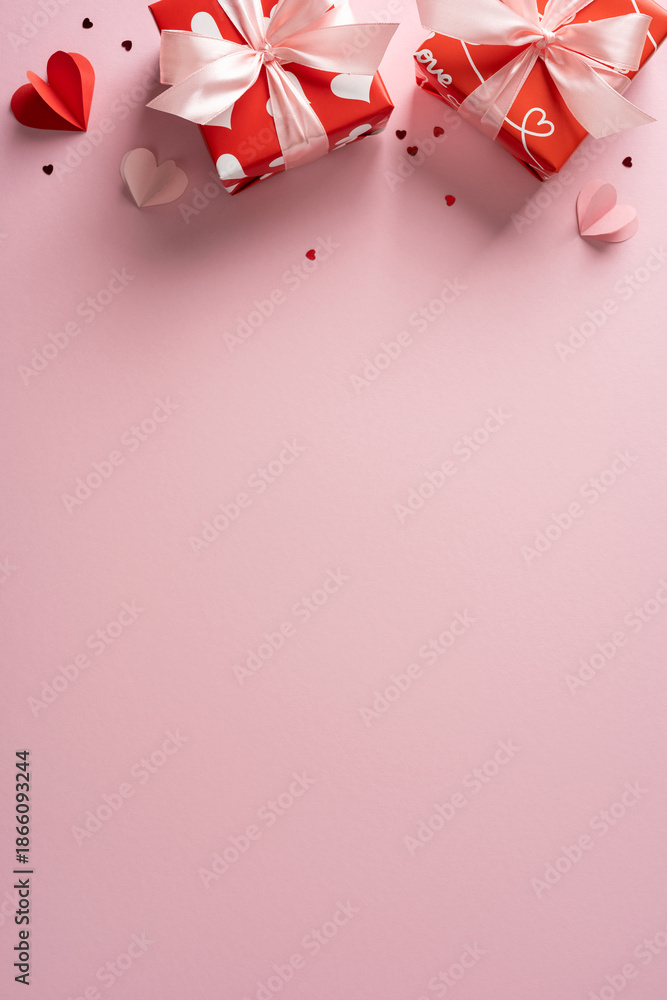 Fototapeta premium Pink vertical boxes with white ribbons sit at the top of a soft pink background, creating a romantic and festive mood for Valentine’s Day greetings, gifts, and celebration ideas
