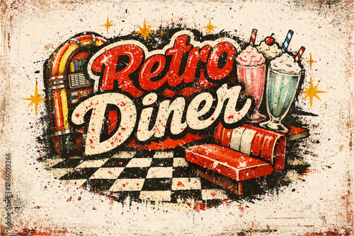 Retro diner vibes with jukebox, milkshakes, and checkered floors in grunge style