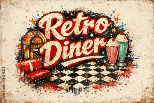 Vintage american diner art with jukebox and milkshakes