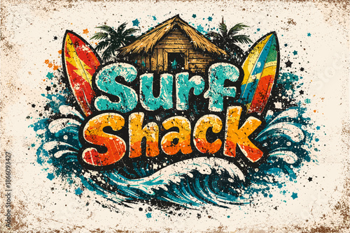 Grunge surf shack design with vibrant surfboards and tropical hut background