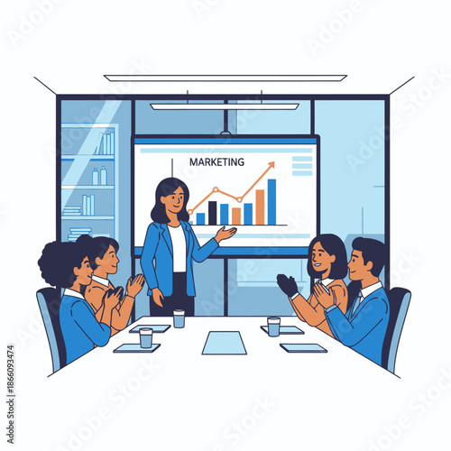 A successful female manager presents a triumphant marketing chart on a large projection screen to her applauding team in a modern conference room, depicted in a flat 2D graphic style