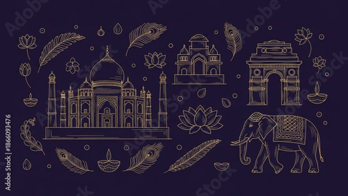 Intricate indian architectural landmarks and symbolic motifs with an elephant on dark background, featuring the taj mahal, gateway of india and lotus flowers, evoking