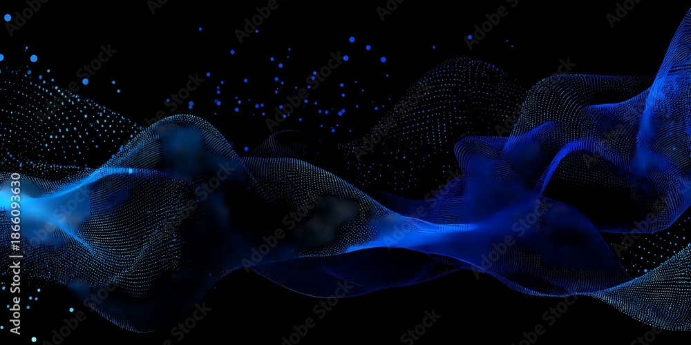 Fototapeta premium Abstract digital waves with blue light particles on a dark background.