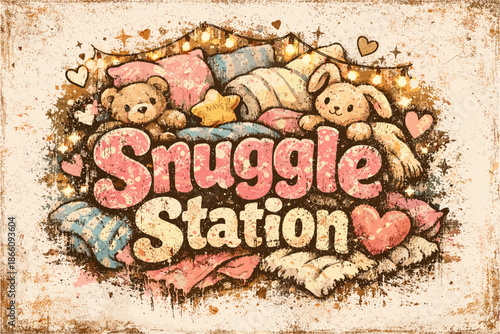 Cozy snuggle station design with hand-drawn teddy and bunny