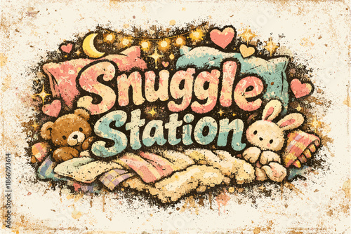 Cozy snuggle station with plush bear and bunny in vintage pastel design