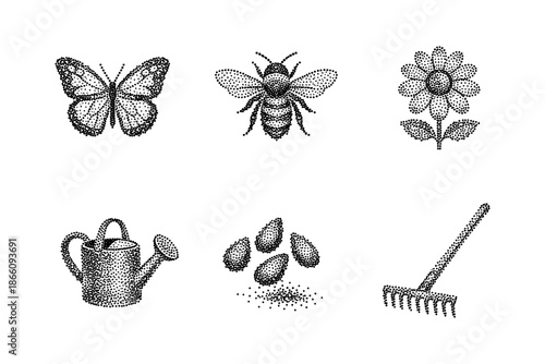 Vintage dot art insect and garden icons featuring butterfly, bee, flower, and tools