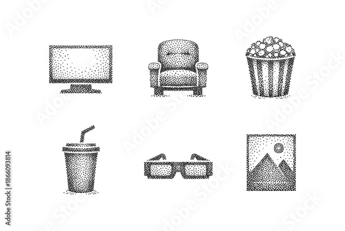 Halftone cinema icons: tv, popcorn, armchair, drink, 3d glasses