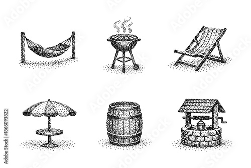 Retro dot art style summer icons with hammock, bbq grill, and deck chair