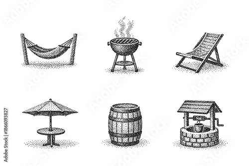 Vintage dot art icons of outdoor relaxation and leisure items