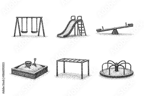 Stipple art playground icons: swings, slide, seesaw, sandbox, monkey bars, roundabout