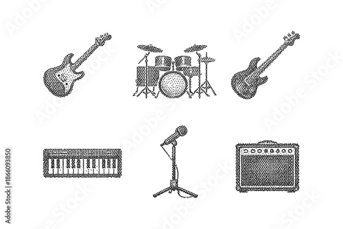 Halftone music instruments set: guitar, drums, keyboard, microphone, amp