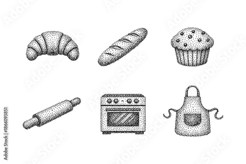 Vintage baking elements with dot style: croissant, baguette, and kitchen tools