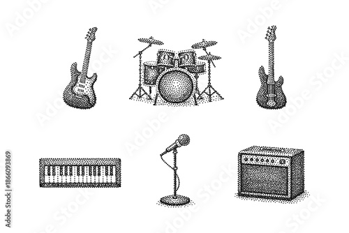 Halftone music instruments set with guitar, drums, keyboard, amplifier, microphone