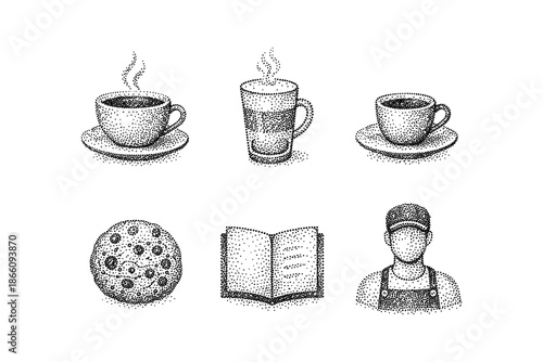 Dotwork coffee icons set with cookie book and barista