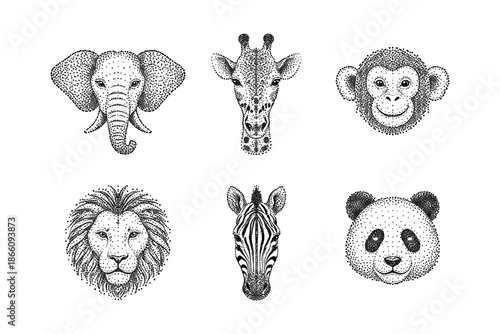 Stipple art animal portraits featuring elephant, giraffe, monkey, lion, zebra, panda