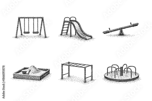 Dotted playground equipment icons: swings, slide, seesaw, sandbox, monkey bars, merry-go-round